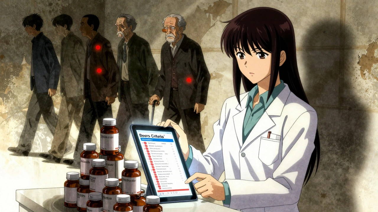 Pharmacist reviewing medication list with warning icons, elderly man’s fragmented shadow showing side effects.