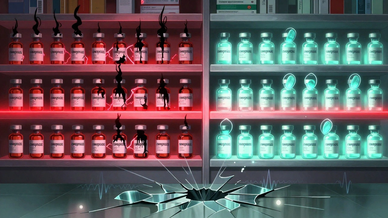 Pharmacy shelf split between dangerous and safe PPIs, glowing with contrasting energy and floating platelets.