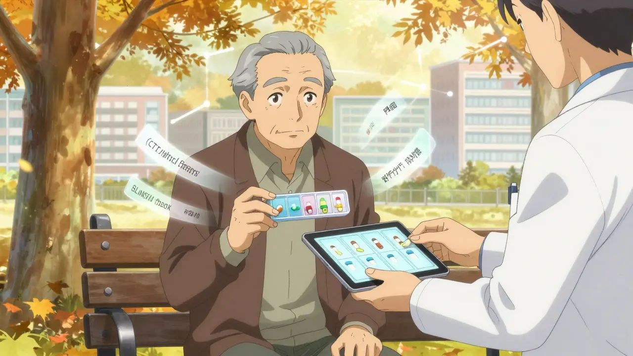Senior man on park bench with floating prescription ghosts, pharmacist handing him a unified digital tablet under autumn trees.