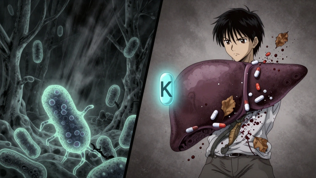 Split illustration of gut bacteria being destroyed and warfarin building up in the liver, with vitamin K floating alone.