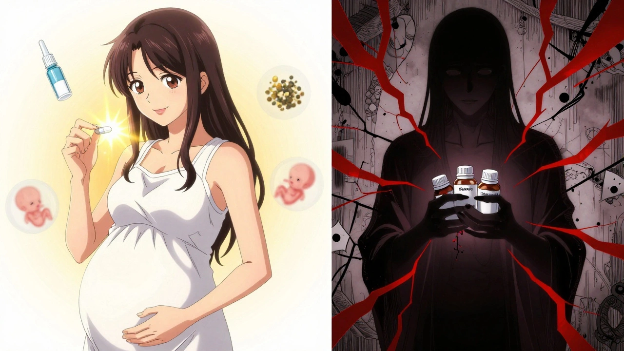 Split image: safe antihistamine with golden light vs. dangerous one with crimson cracks and fetal silhouettes.