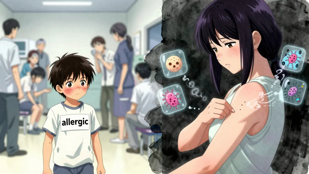 Split scene: a child labeled allergic in a chaotic ER contrasts with the same person calmly receiving a skin test as harmful bacteria fade away.