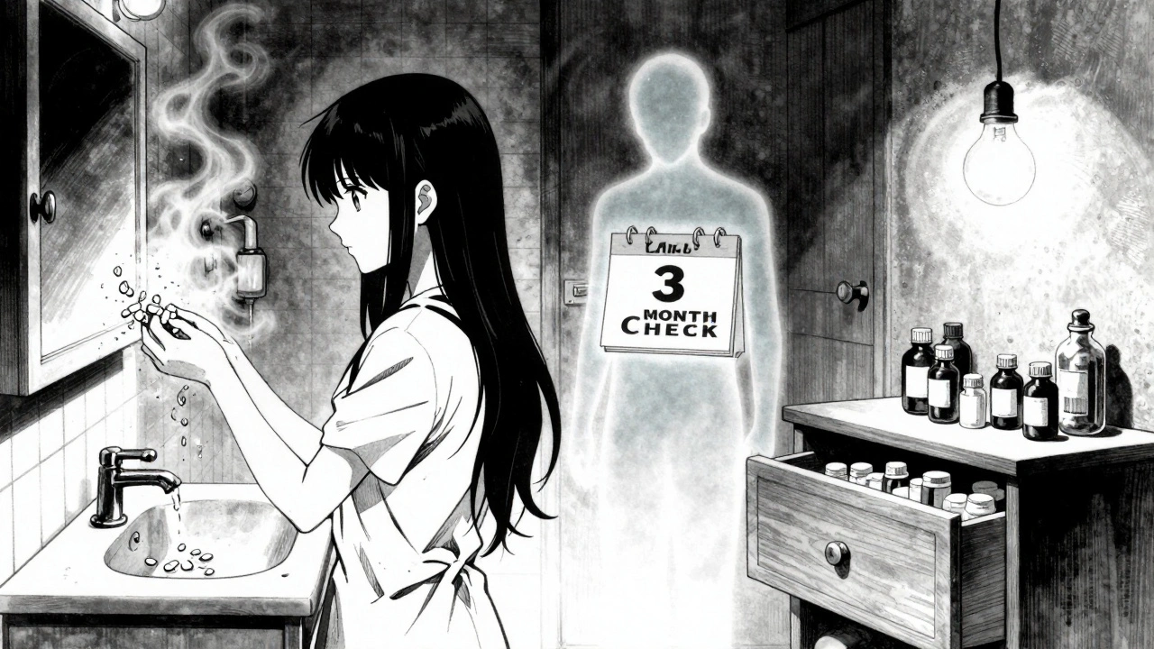 Split scene: crumbling pills in a humid bathroom vs. properly stored meds in a cool drawer.