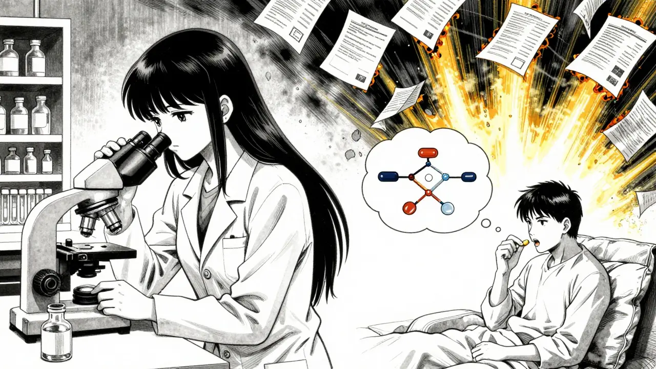 Split scene of a lab and home setting, showing identical biochemical pathways for brand and generic drugs.