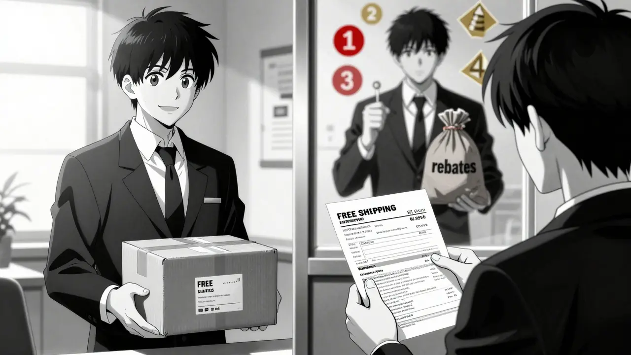 Split scene: one side shows a happy person receiving generics, the other sees their reflection with a PBM executive holding cash.