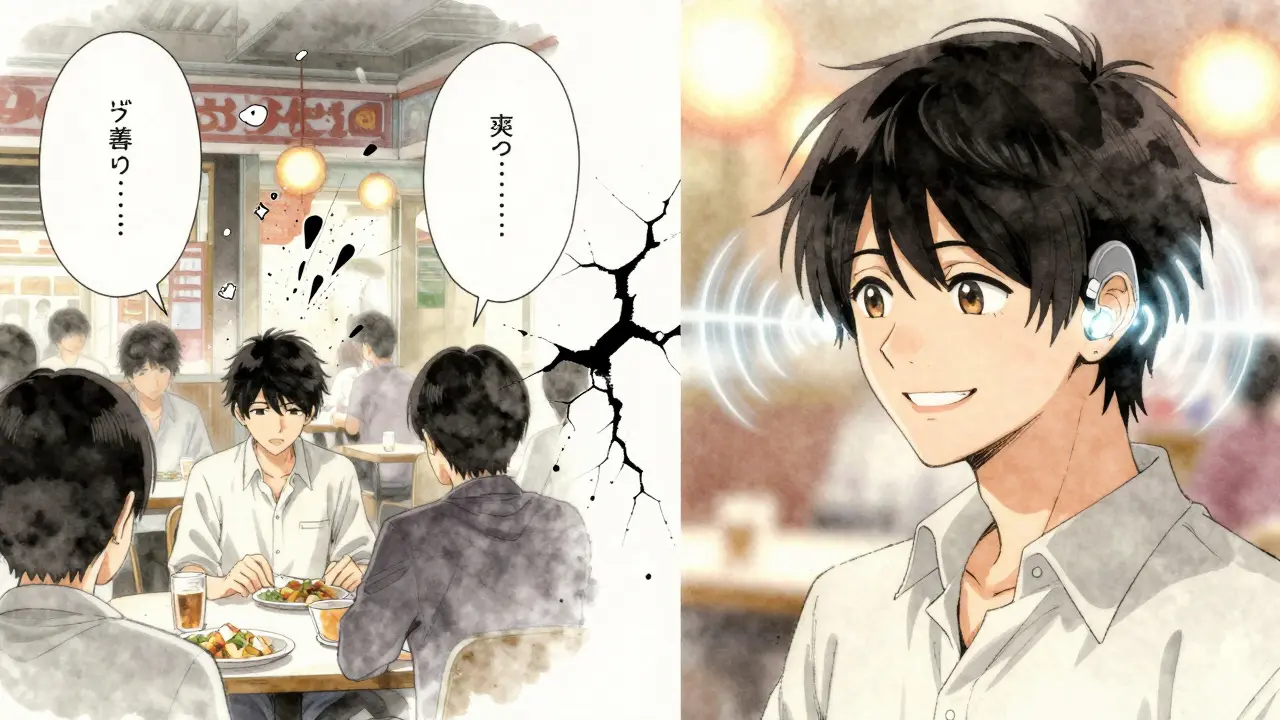 Split scene: one side shows sound chaos in a restaurant, the other clear sound flowing into the ear.