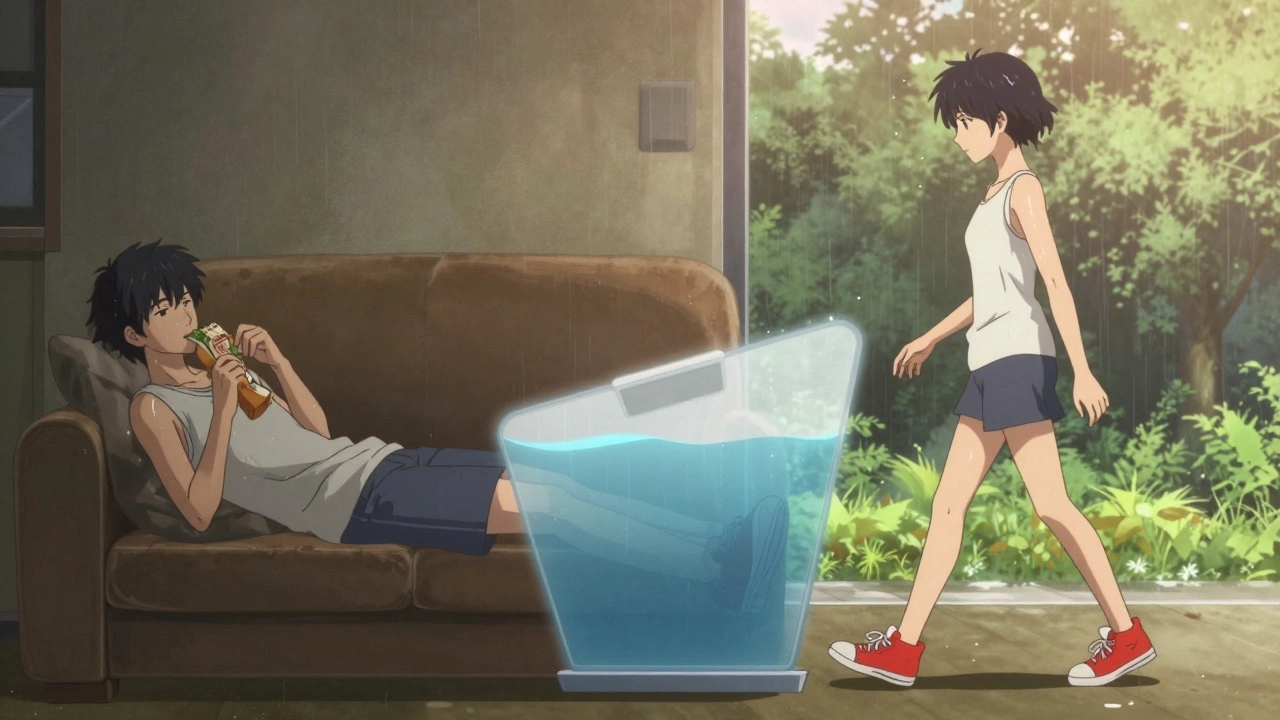 Split scene: person eating on couch vs. walking in park, showing lifestyle impact on weight.