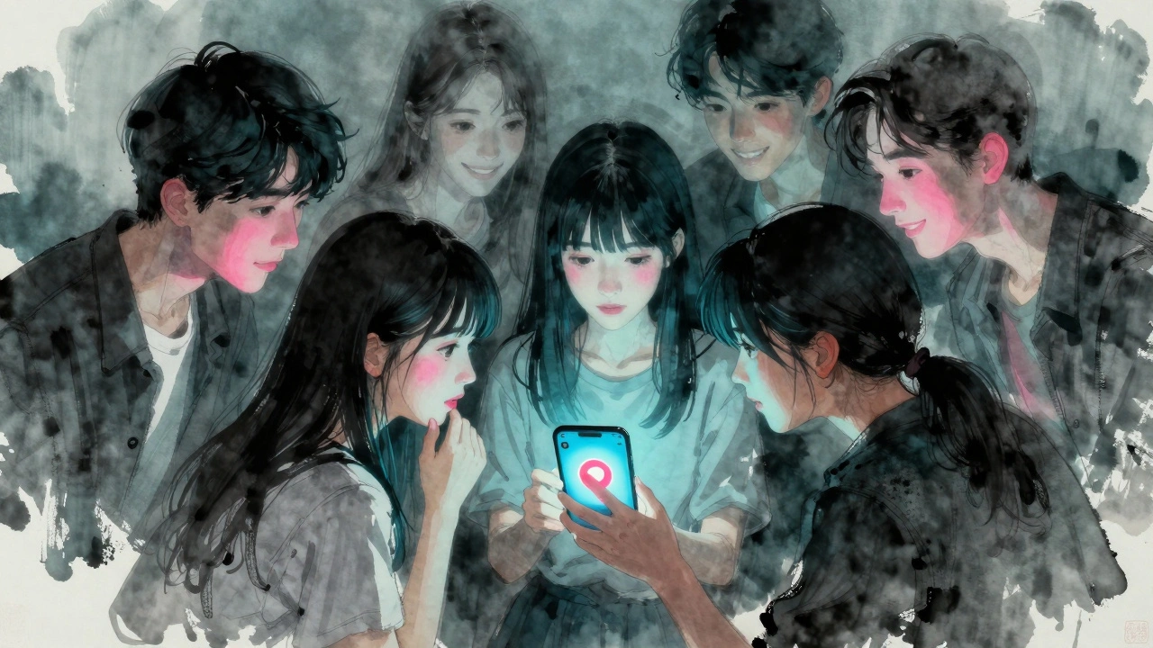 Students gather around a glowing phone, ghostly influencers looming behind them in a dimly lit room.