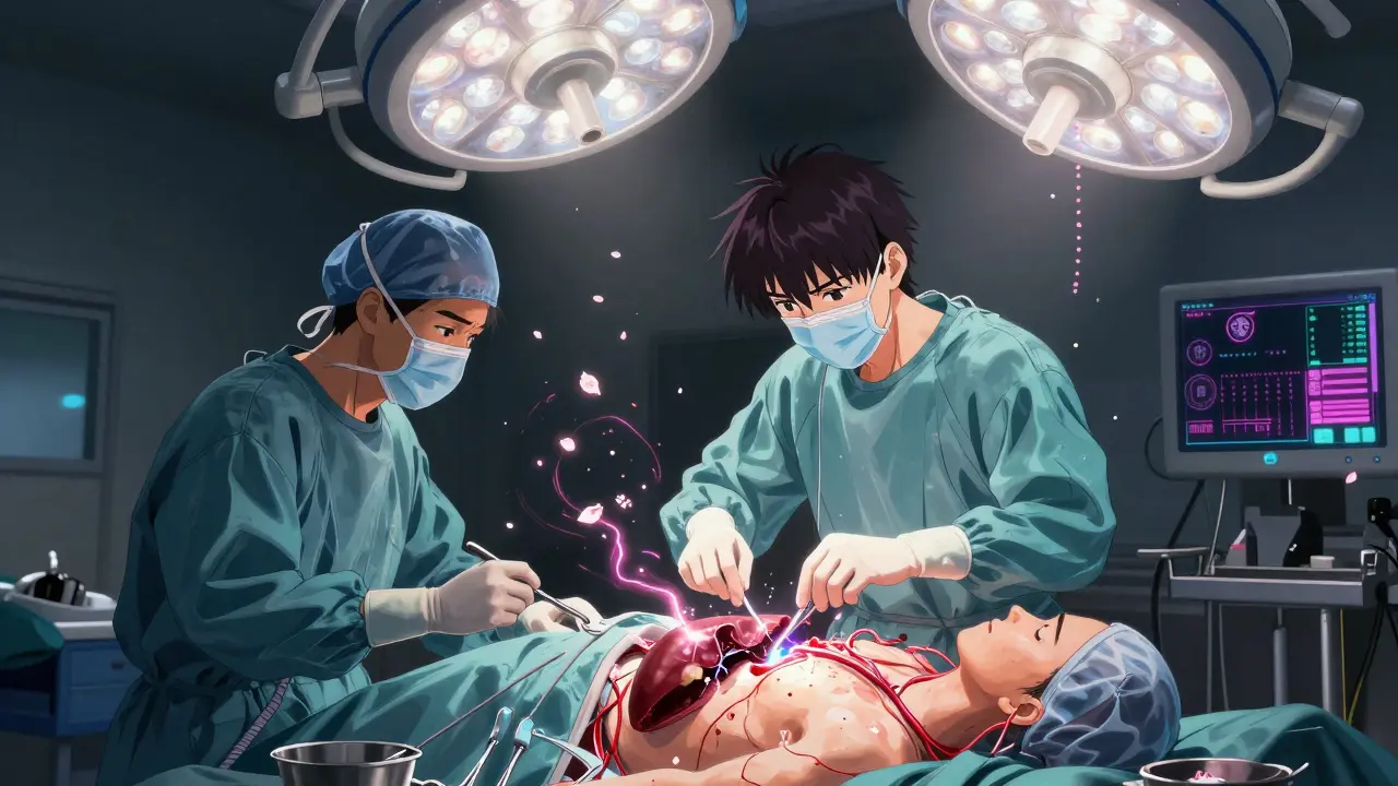 Surgeons performing a liver transplant with glowing veins and floating tools in a neon-lit operating room.