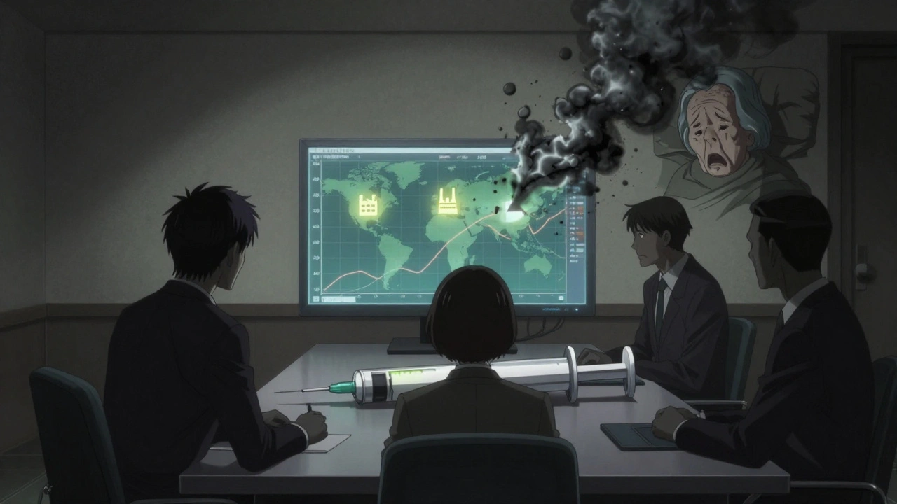 Three shadowy executives at a syringe-shaped table watching a collapsing drug market map, one factory crumbling into smoke shaped like a crying patient.