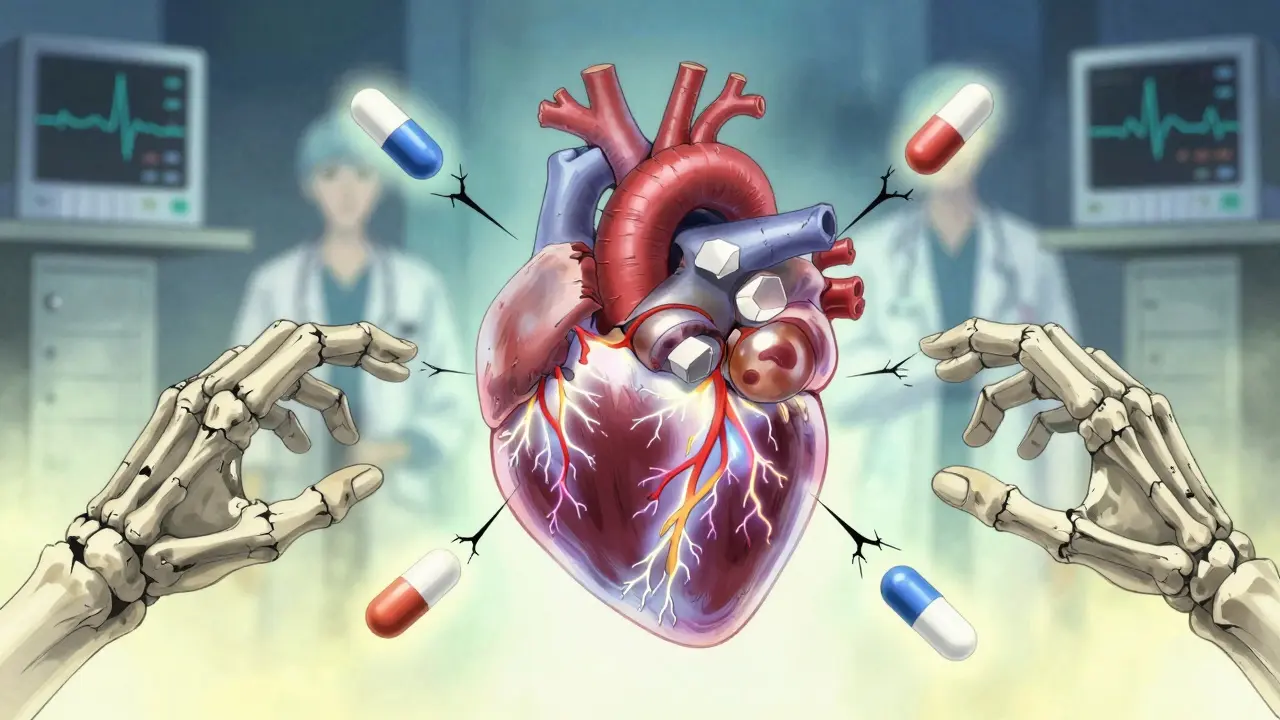 Translucent heart with floating pills and draining electrolytes, surrounded by glowing electrical cracks.
