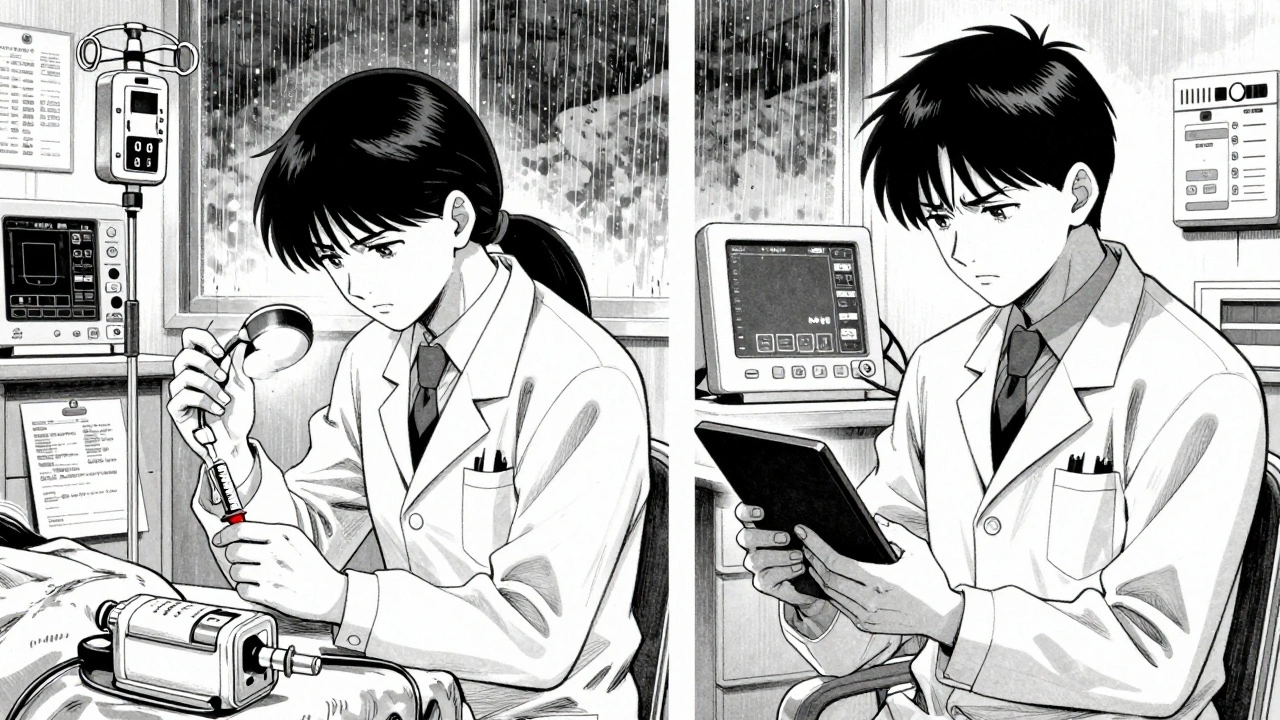 Two clinicians independently verifying an insulin infusion pump in a busy ICU, one checking labels, the other reviewing a tablet.