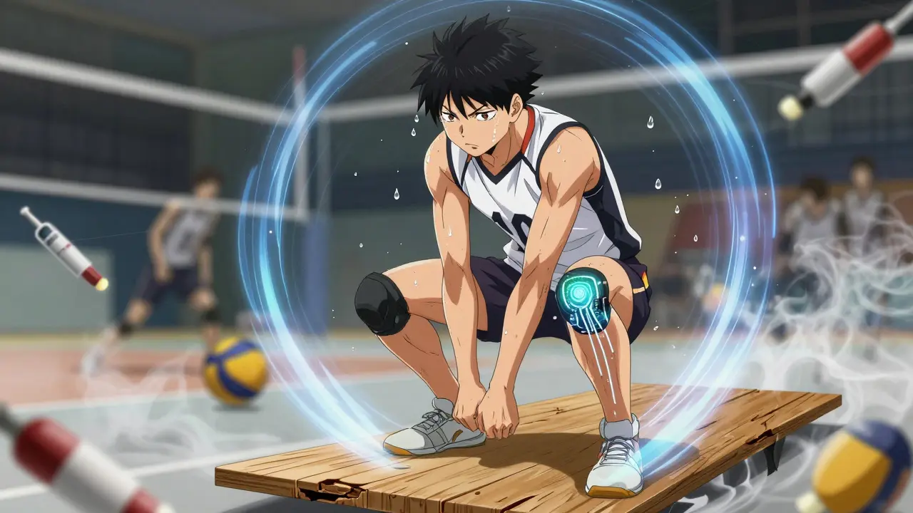 Volleyball player doing decline squat with glowing patellar tendon and dissolving injection smoke.