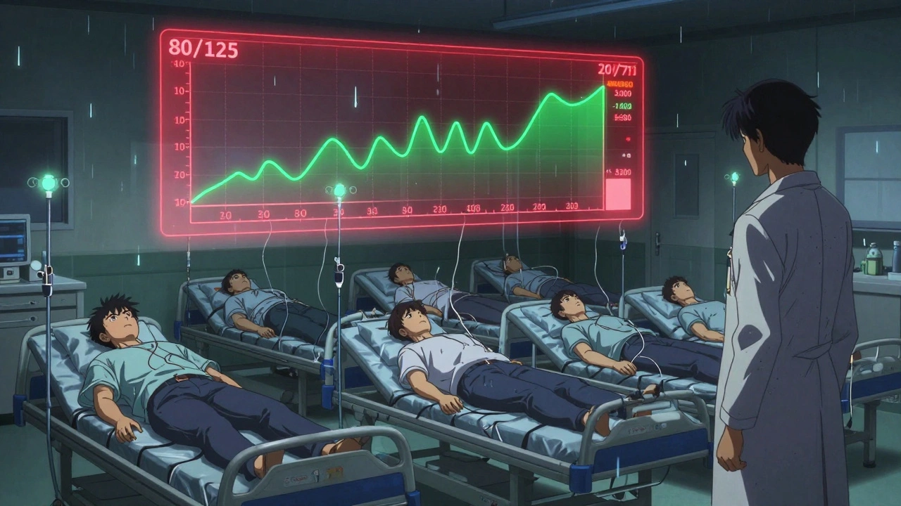 Volunteers in a clinical study surrounded by glowing blood concentration curves and a spectral 80/125 threshold.