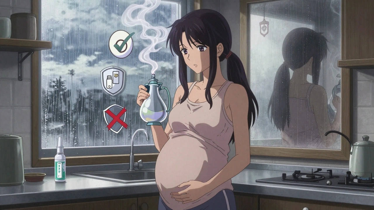 Woman using neti pot at dawn, floating medical symbols of safe and unsafe allergy treatments around her.