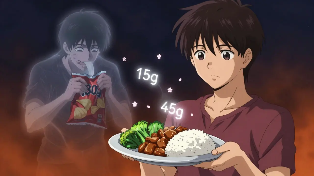 A balanced plate with floating carb values, contrasting a faded past self overwhelmed by unhealthy food.