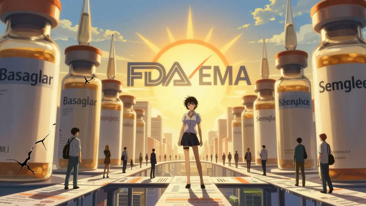 A city made of insulin vials, some crumbling, others glowing, with people crossing bridges of prescriptions toward a regulatory sunrise.