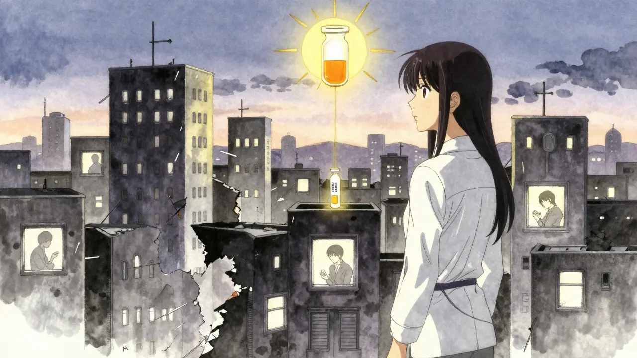 A cityscape of fragmented lives connected by a golden thread, symbolizing improved mental health adherence through systemic care.