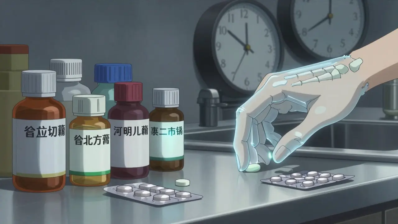 A cluttered kitchen counter with medicine bottles and a transparent hand reaching for a pill.
