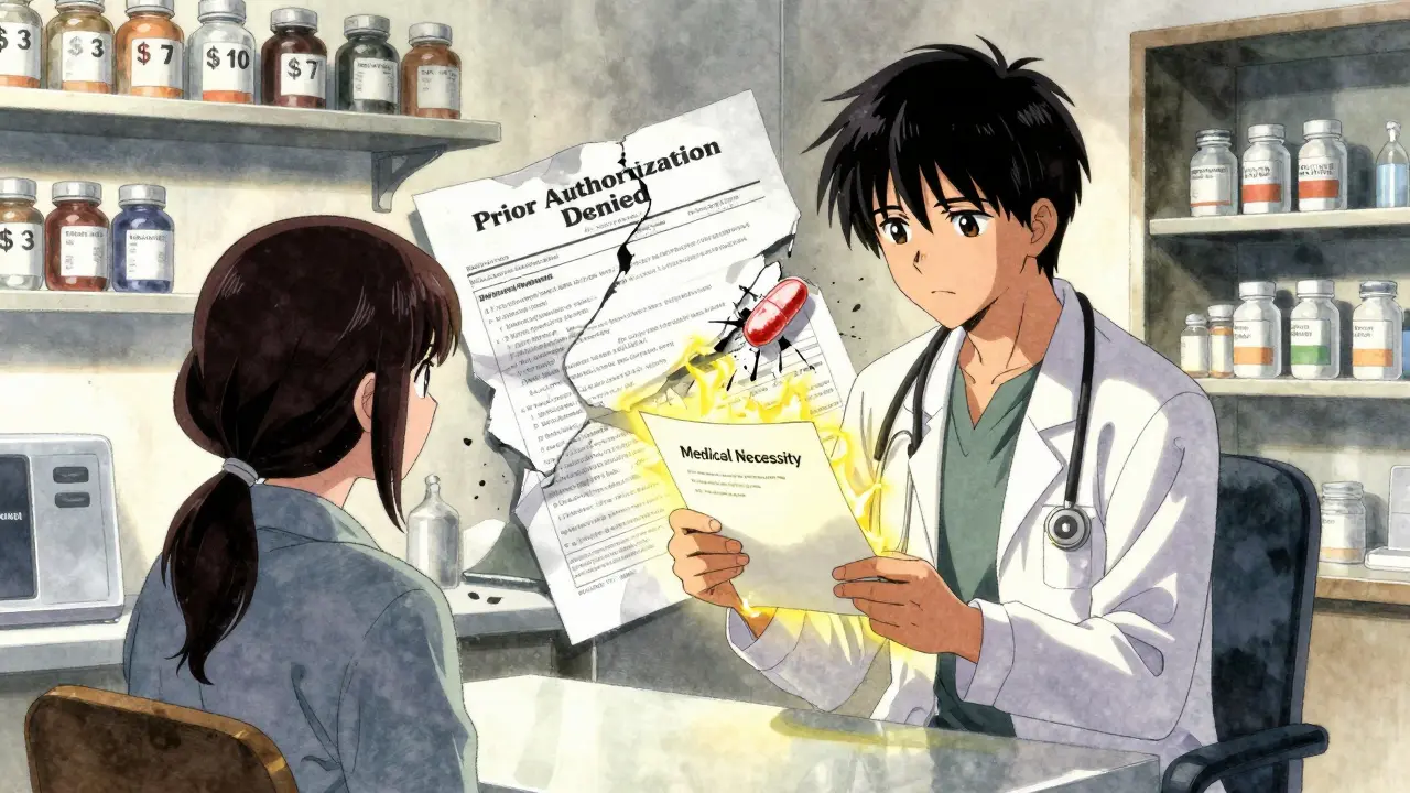 A doctor and patient in a clinic with a glowing medical necessity letter and collapsing insurance paperwork.