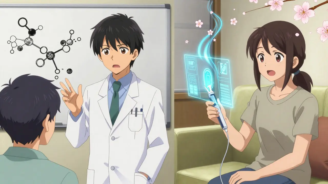 A doctor explains biosimilars to a patient while a connected insulin pen projects a holographic glucose chart in the background.