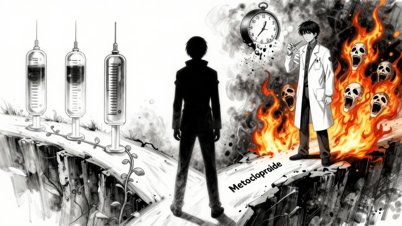 A figure at a crossroads: one path safe and lit, the other a fiery cliff with melting time and a syringe.