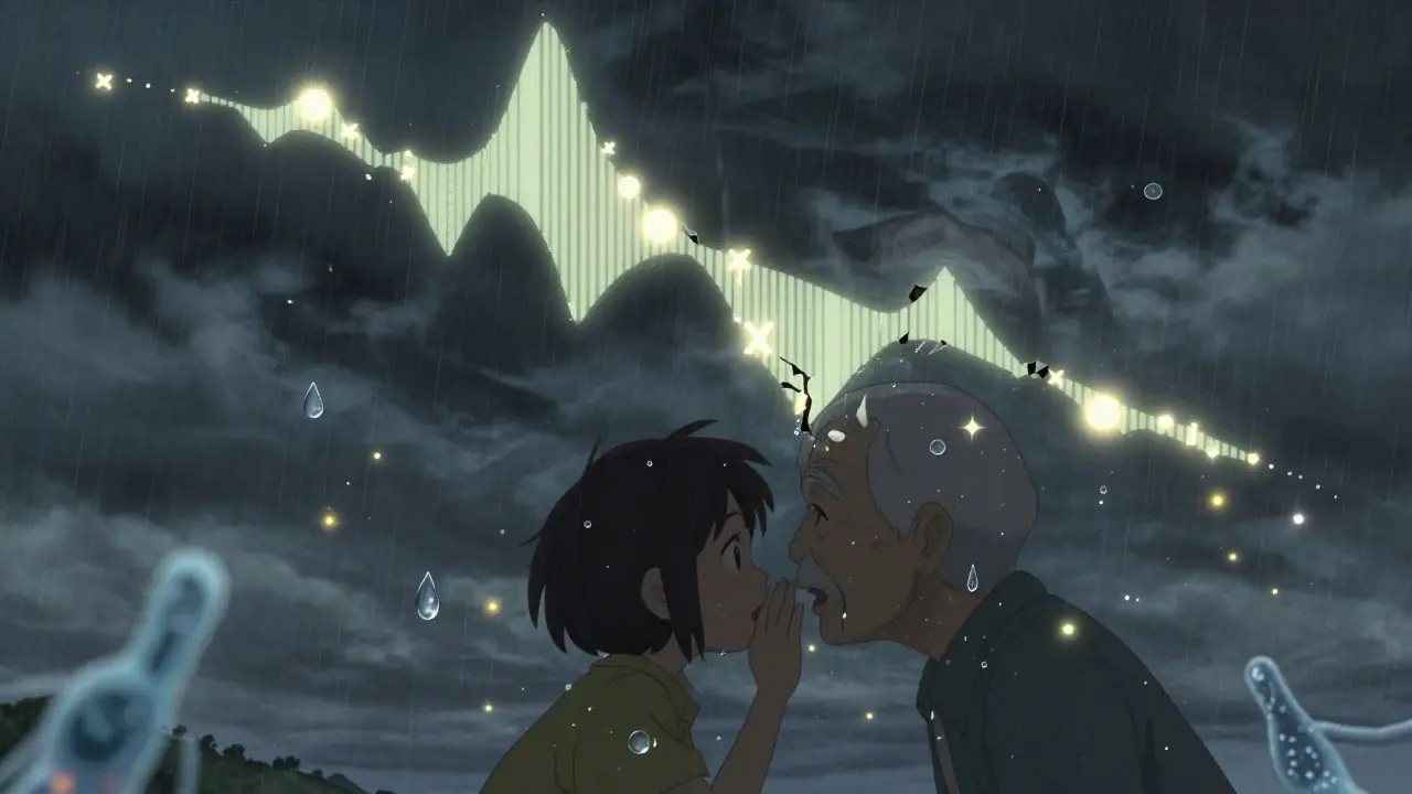 A fragmented audiogram in the sky above a silent conversation between a child and an elder.