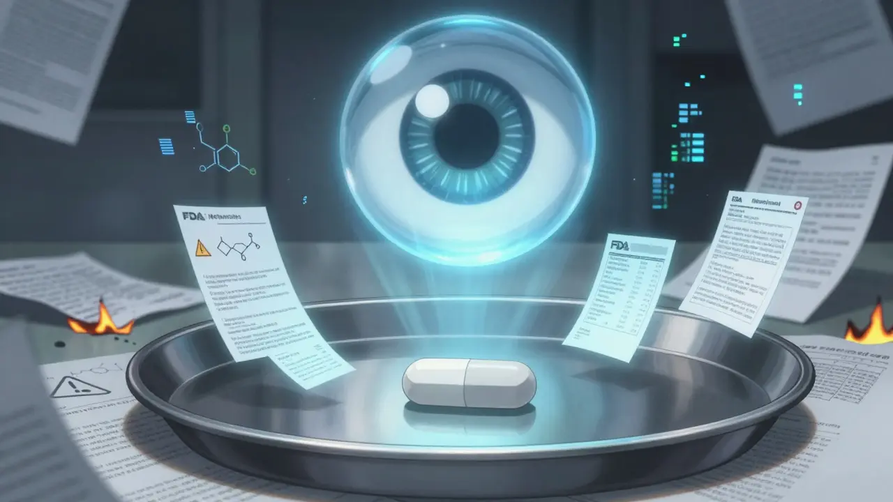 A generic pill floats amid digital warnings and a giant FDA eye, symbolizing data integrity failures.