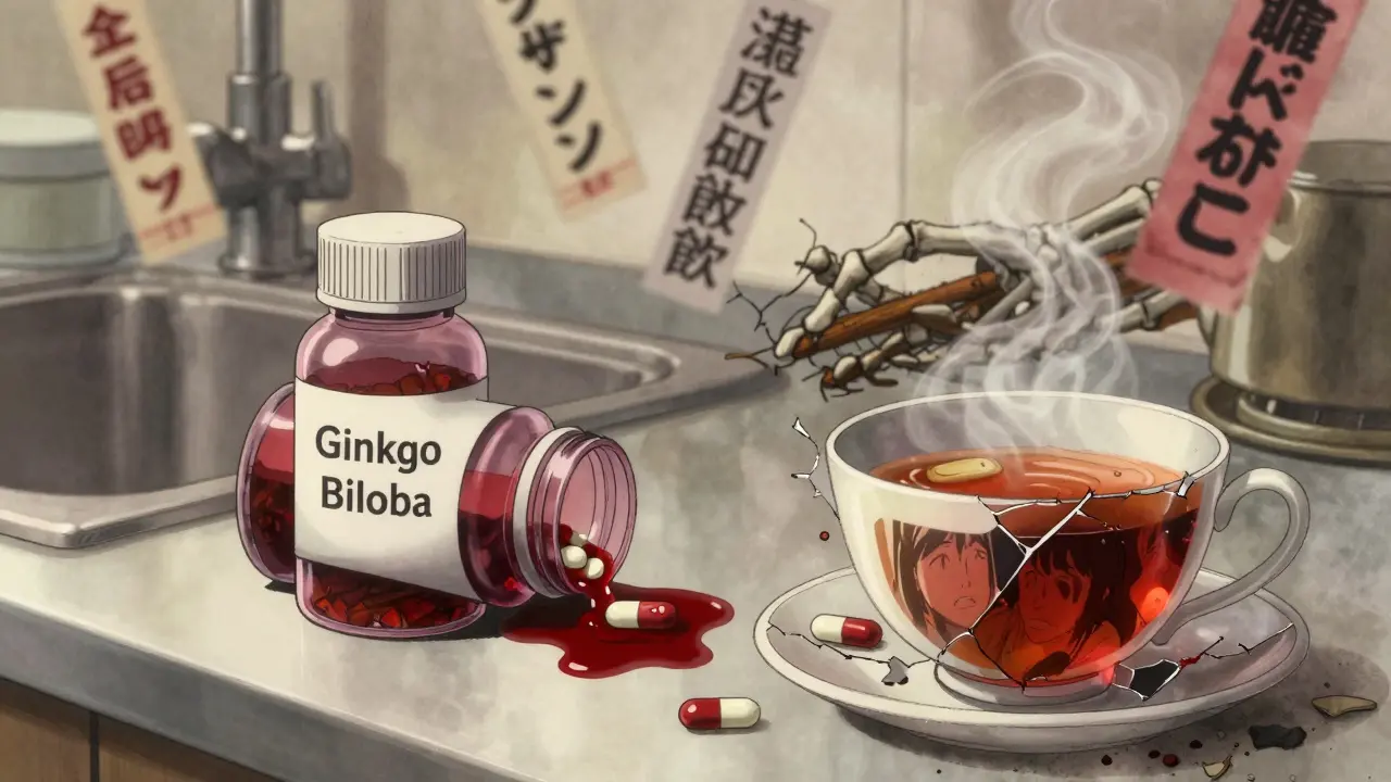 A kitchen counter with ginkgo tea leaking blood onto a warfarin pill, licorice steam forming skeletal hands.