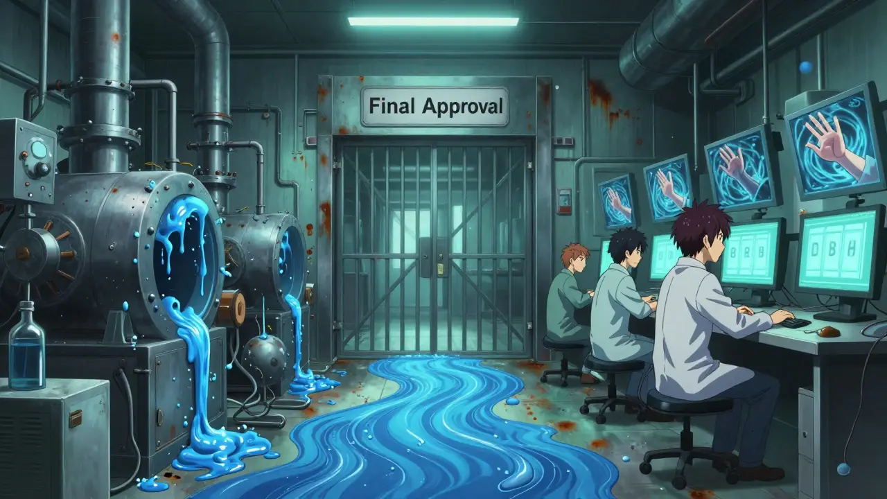 A malfunctioning drug factory with leaking chemicals and ghostly deficiency letters.