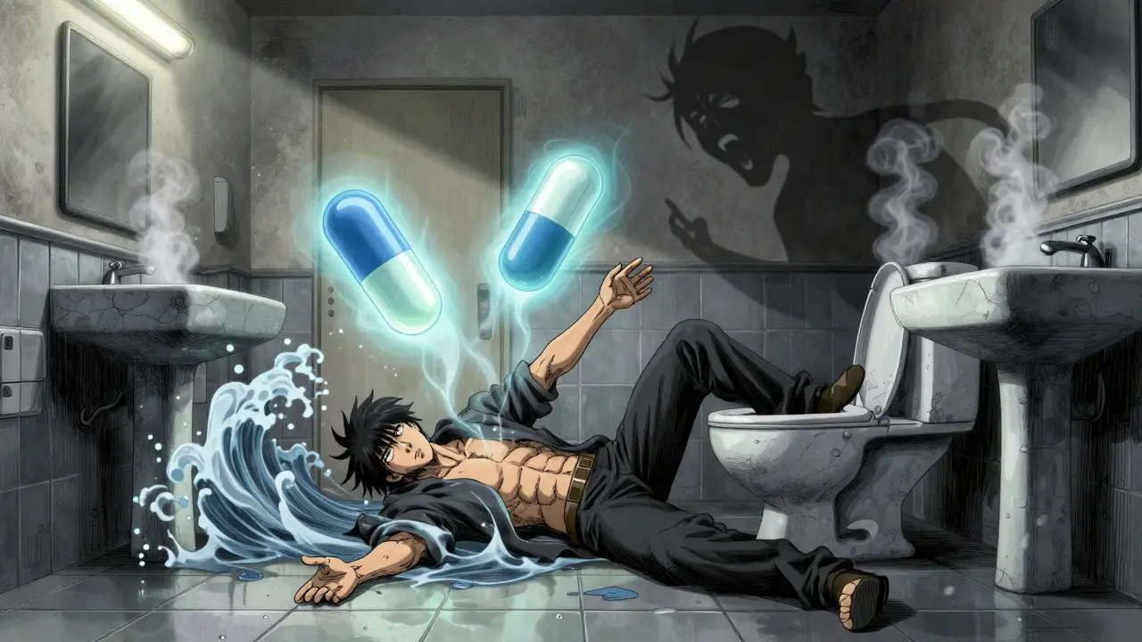 A man collapsed in the bathroom, ghostly energy pulses from pills above him, dim light flickering over wet tiles.