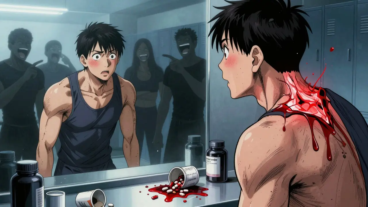 A man in a gym locker room stares at his reflection as a leaking thyroid gland hovers above him, surrounded by crushed pills and influencer shadows.