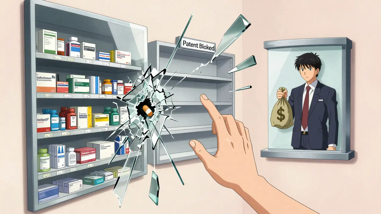 A patient's hand reaching through a mirror showing three drug access realities.