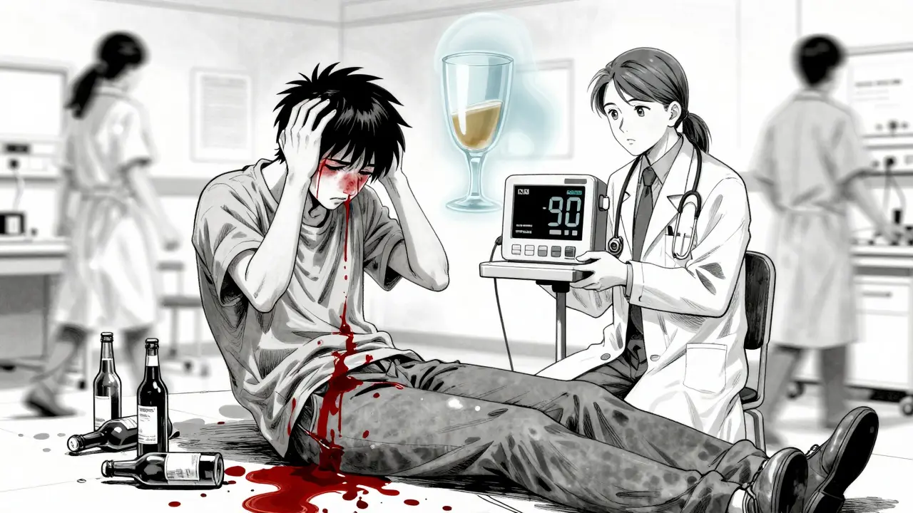 A patient bleeding in an ER while an INR monitor flashes 9.0, with a ghostly drinking glass behind them.