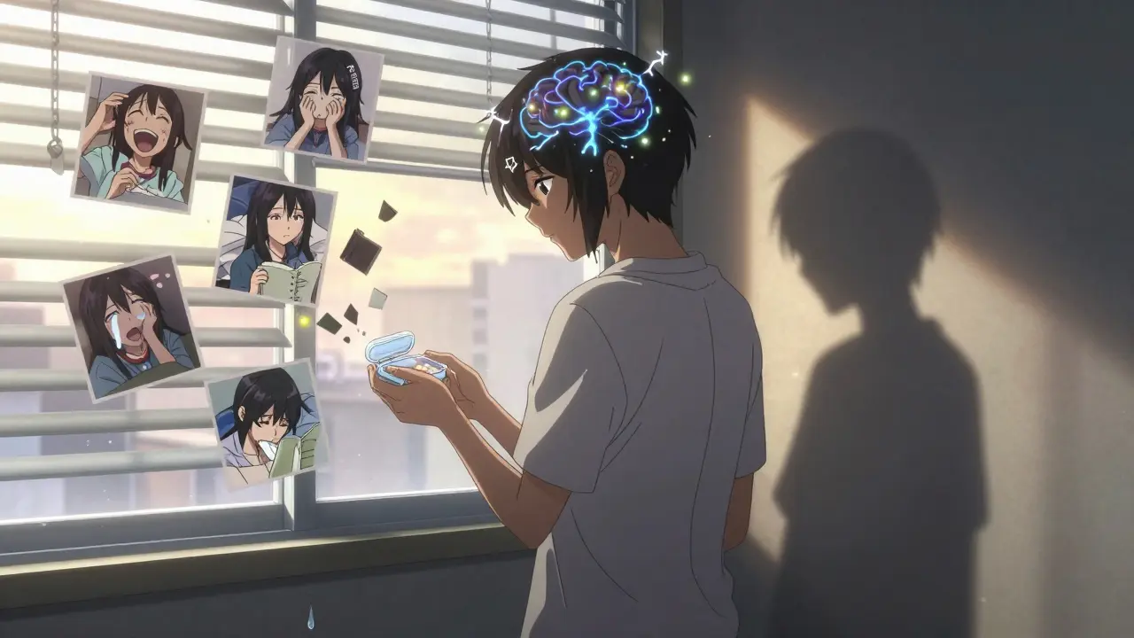 A person at dawn holding an empty pillbox, their shadow filled with memories, brain zaps glowing faintly around their head.