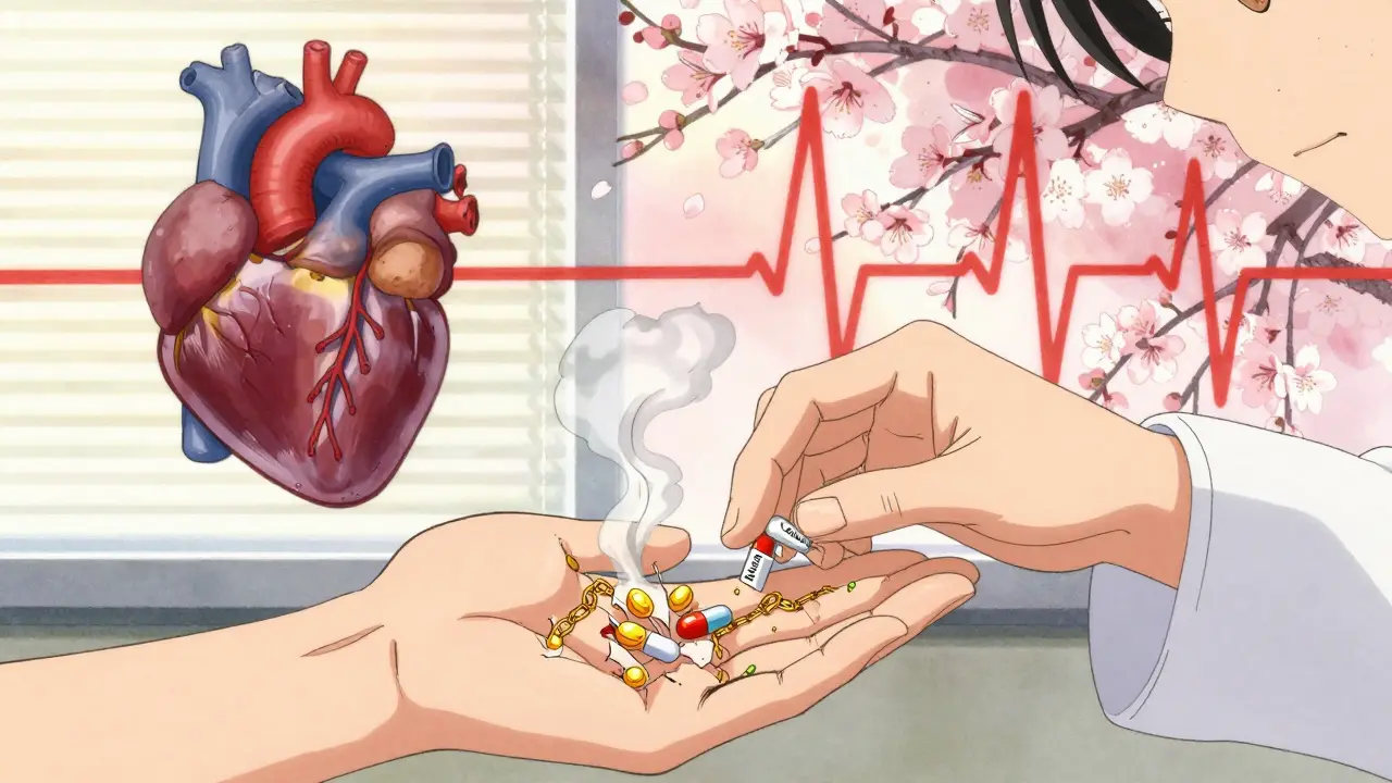 A pharmacist handing potassium binders to a patient as dangerous ions dissolve, contrasting heart failure and recovery.