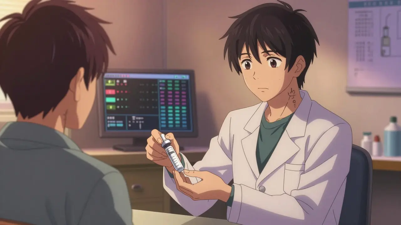 A pharmacist hands a long-acting injection to a patient in a calm clinic, digital health data glowing softly in the background.