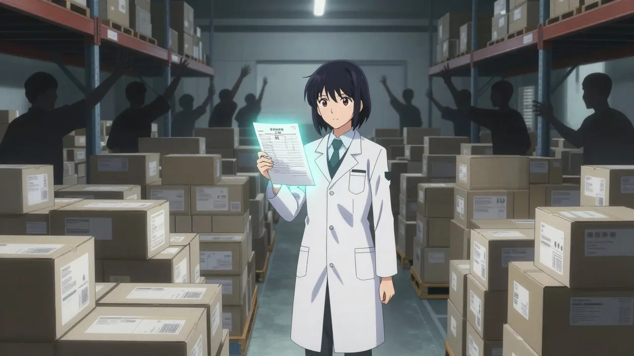 A quality officer stands alone before rows of drug boxes, holding a glowing inspection report.