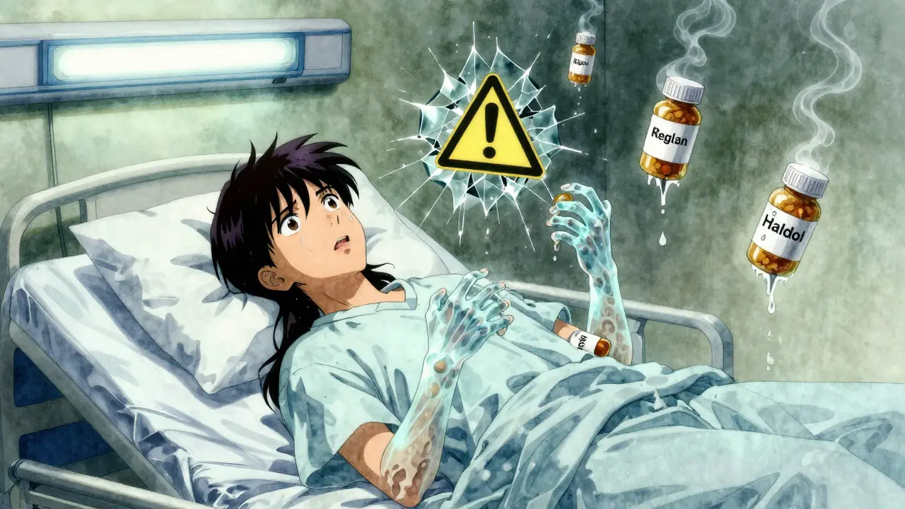 A rigid patient in a hospital bed, surrounded by floating pills and a cracking FDA warning symbol.