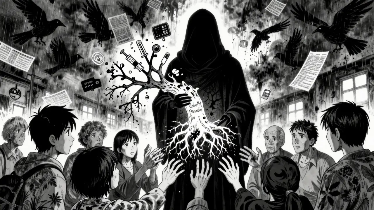 A shadowy figure holds a decaying root labeled 'Natural Remedies' as people reach toward it, their hands turning to bone.