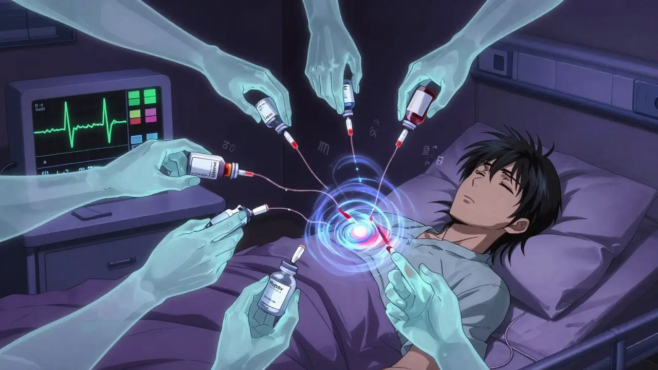 A sleeping patient surrounded by ghostly medication hands draining potassium, with a flickering ECG monitor.