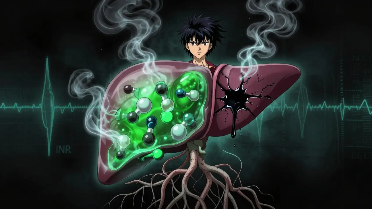 A surreal liver with alcohol and warfarin molecules causing internal bleeding in a dark void.