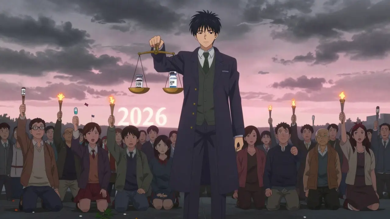 A symbolic Medicare guardian balancing insulin prices as patients rise holding generic pills toward dawn.