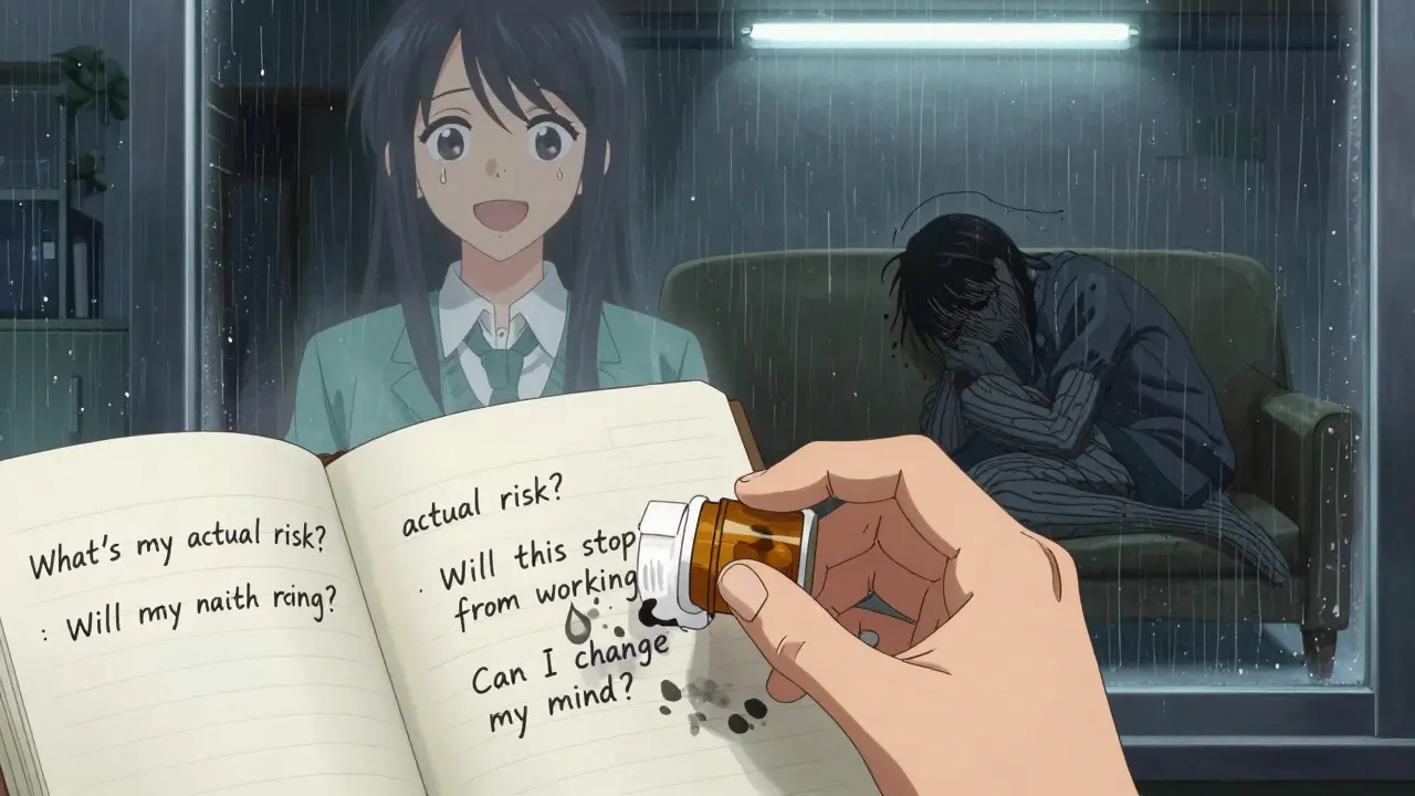 A trembling hand holds a pill bottle beside a notebook filled with personal questions about side effects, a faded ghostly version of the person lies behind.