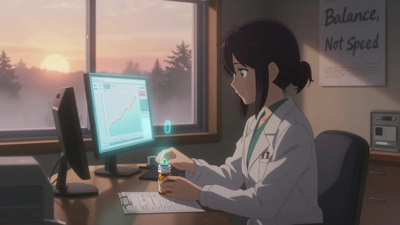 A woman places her pill bottle on a doctor's desk as a digital sensor glows above, sunrise casting soft shadows in a quiet office.
