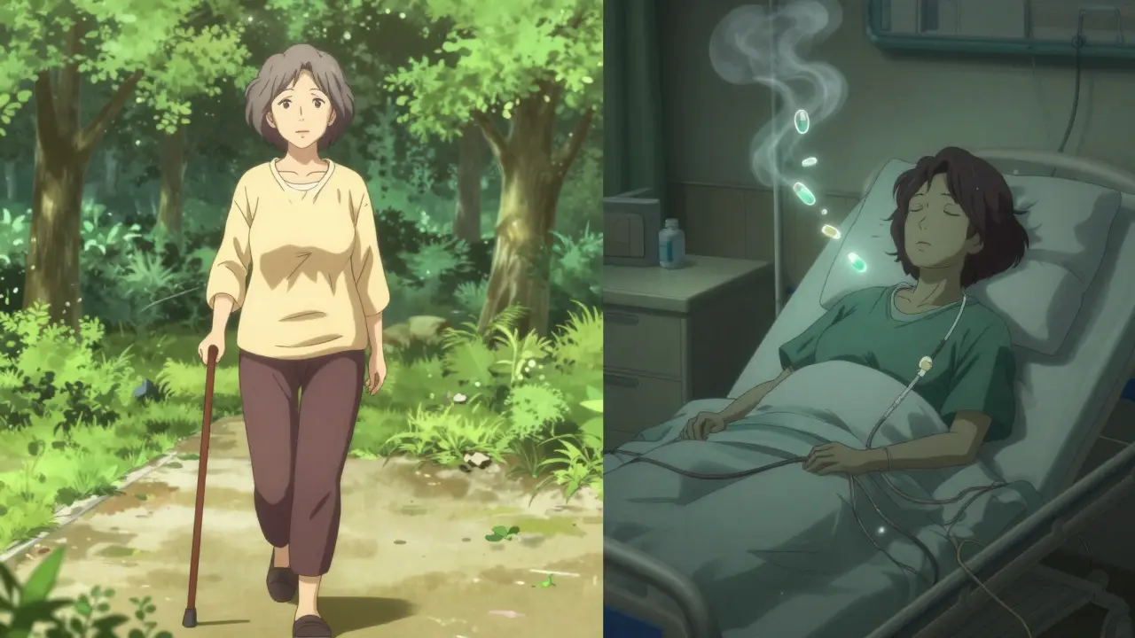 A woman split between health and hospitalization, surrounded by dissolving pills.