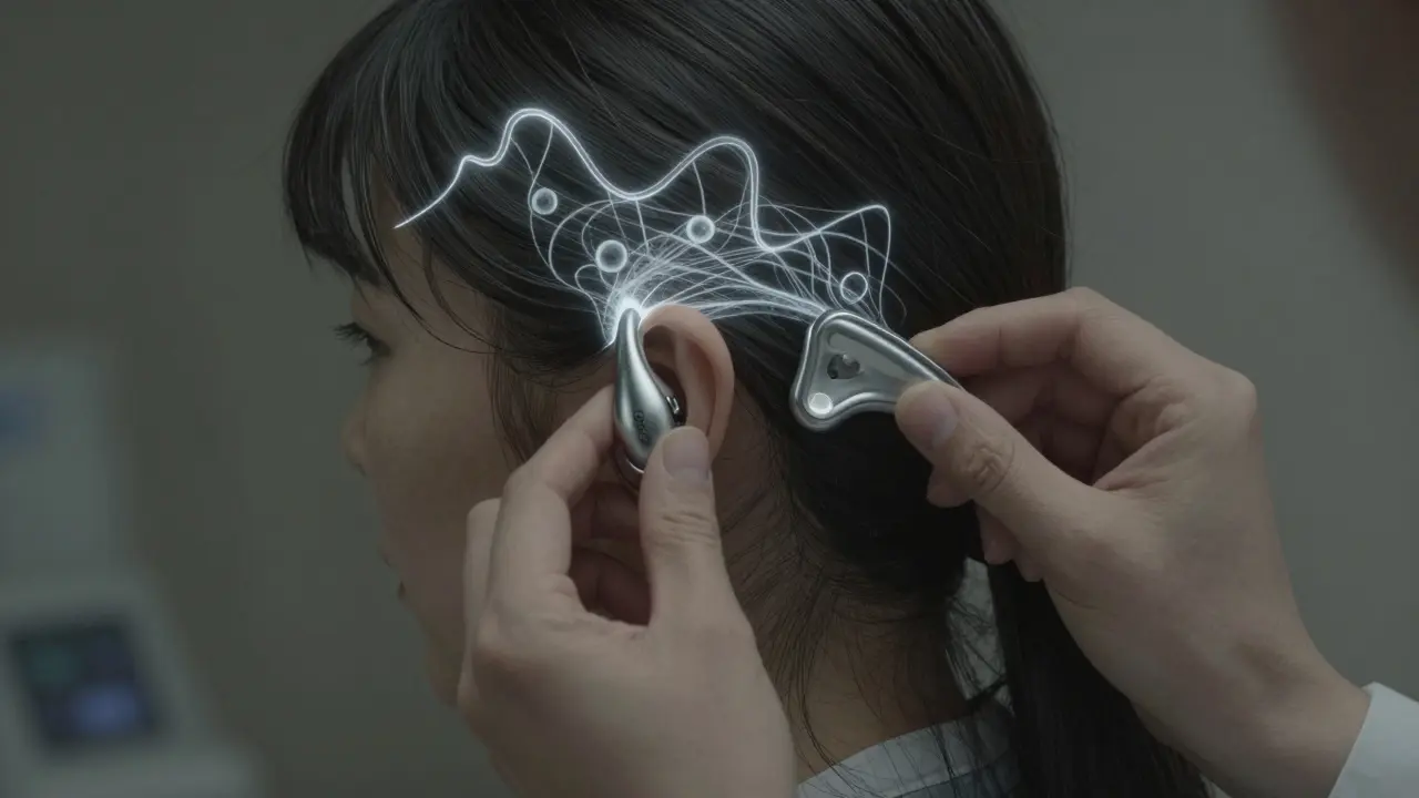 An audiologist placing a bone conduction device behind a patient's ear, with vibrational waves visible.