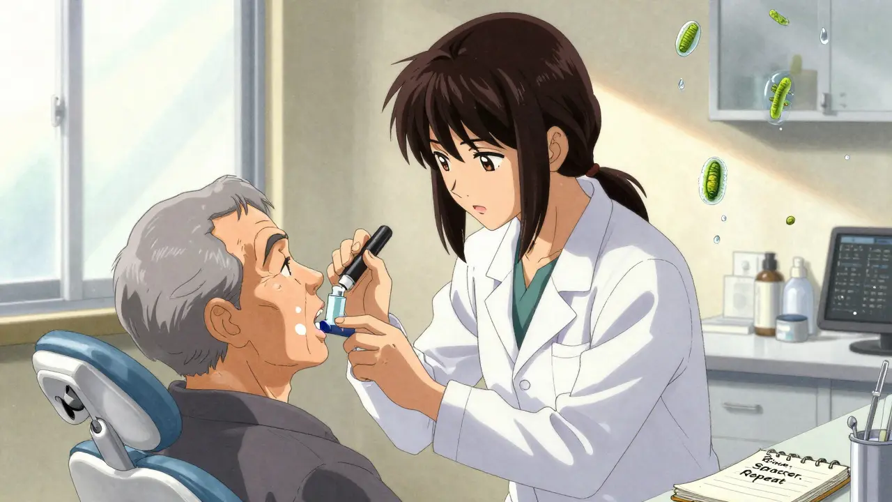 Dentist examining mouth with thrush, patient holding low-risk inhaler with built-in spacer.