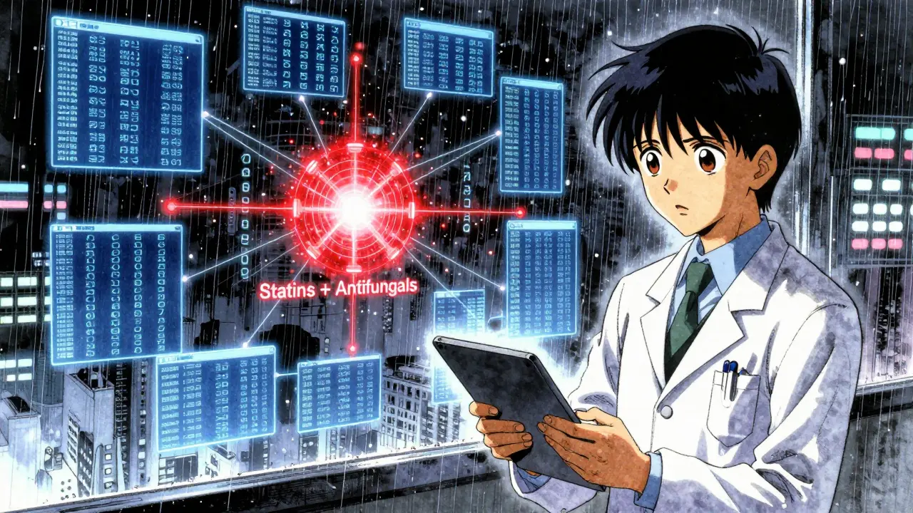 Digital network of patient data with a red alert signal, pharmacist staring at a warning on a tablet.