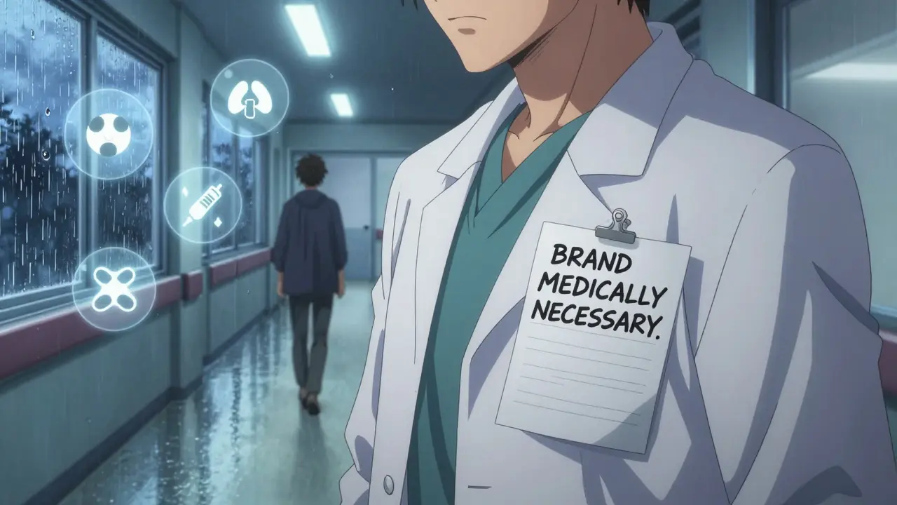 Doctor's note reading 'Brand Medically Necessary' pinned to jacket in rainy hospital corridor
